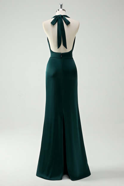 Cowl Neck Pine Satin Sheath Bridesmaid Dress with Slit