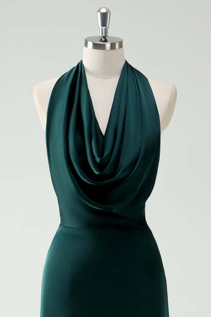 Cowl Neck Pine Satin Sheath Bridesmaid Dress with Slit