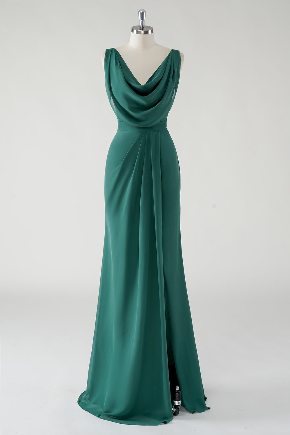 Leely Women Chiffon Dark Green Sheath Bridesmaid Dress with Slit Cowl Neck Maxi Wedding Guest Dress