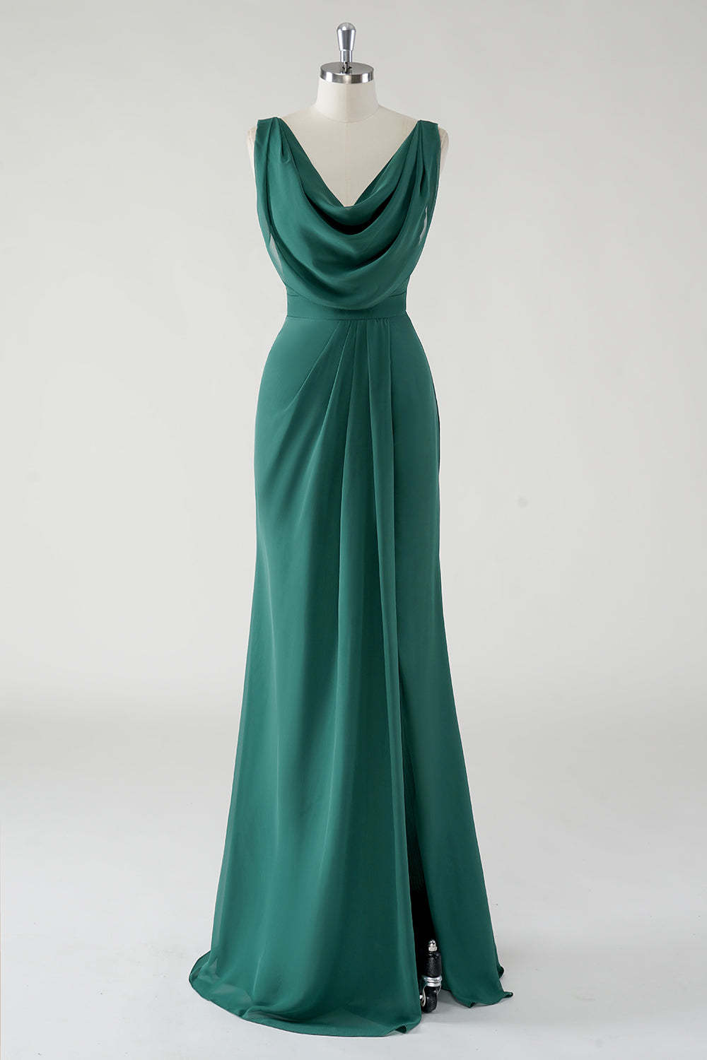 Leely Women Chiffon Dark Green Sheath Bridesmaid Dress with Slit Cowl Neck Maxi Wedding Guest Dress