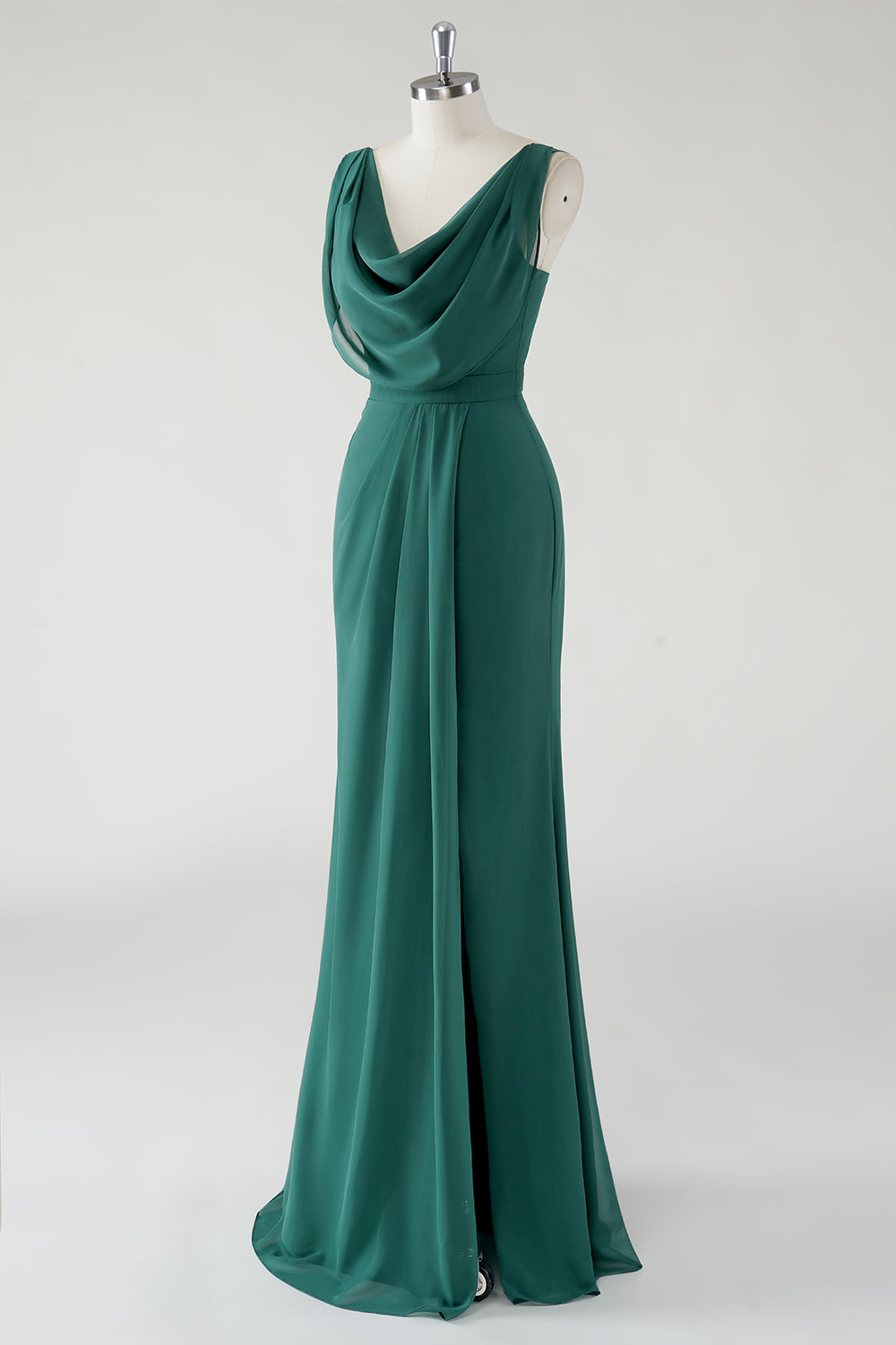 Chiffon Dark Green Cowl Neck Sheath Bridesmaid Dress with Slit