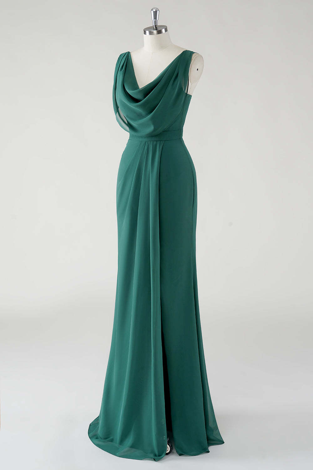 Chiffon Dark Green Cowl Neck Sheath Bridesmaid Dress with Slit