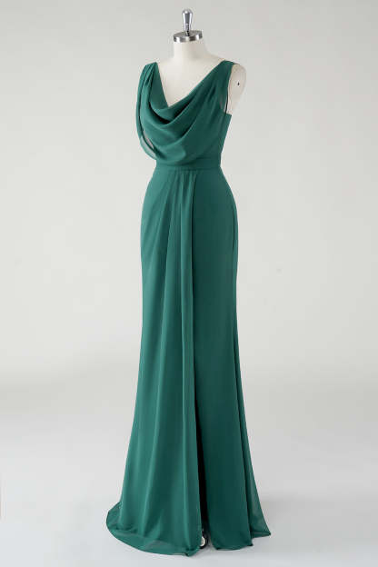 Chiffon Dark Green Cowl Neck Sheath Bridesmaid Dress with Slit