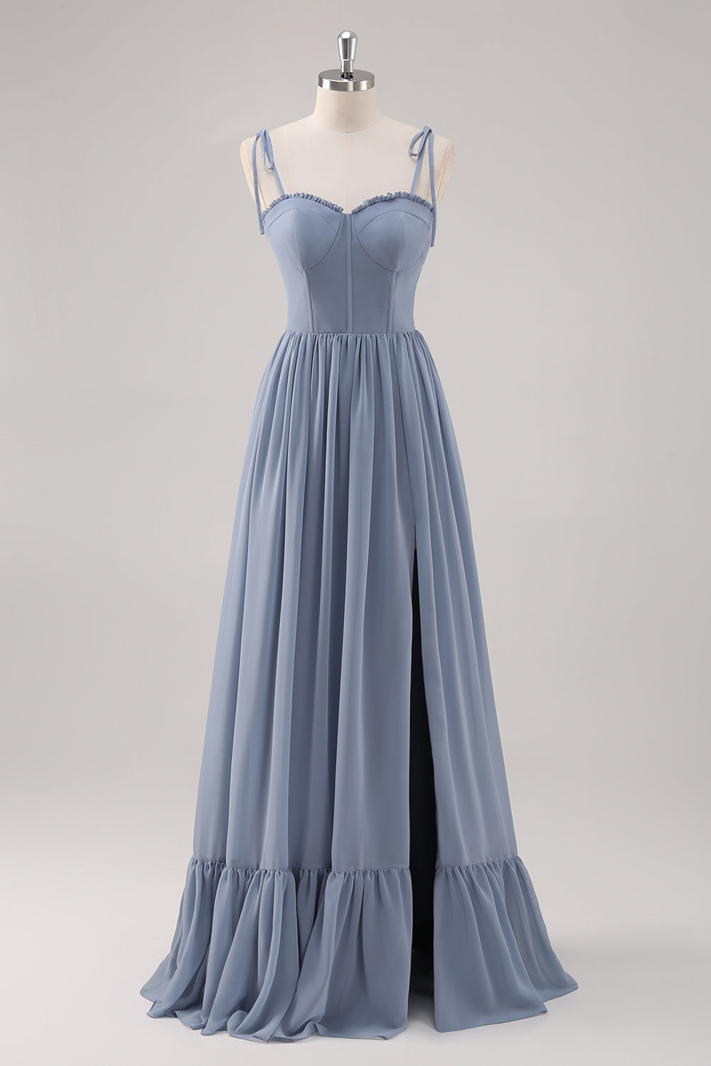 Leely Women Dusty Blue Corset A Line Bridesmaid Dress with Slit Spaghetti Straps Pleated Wedding Guest Dress with Bow