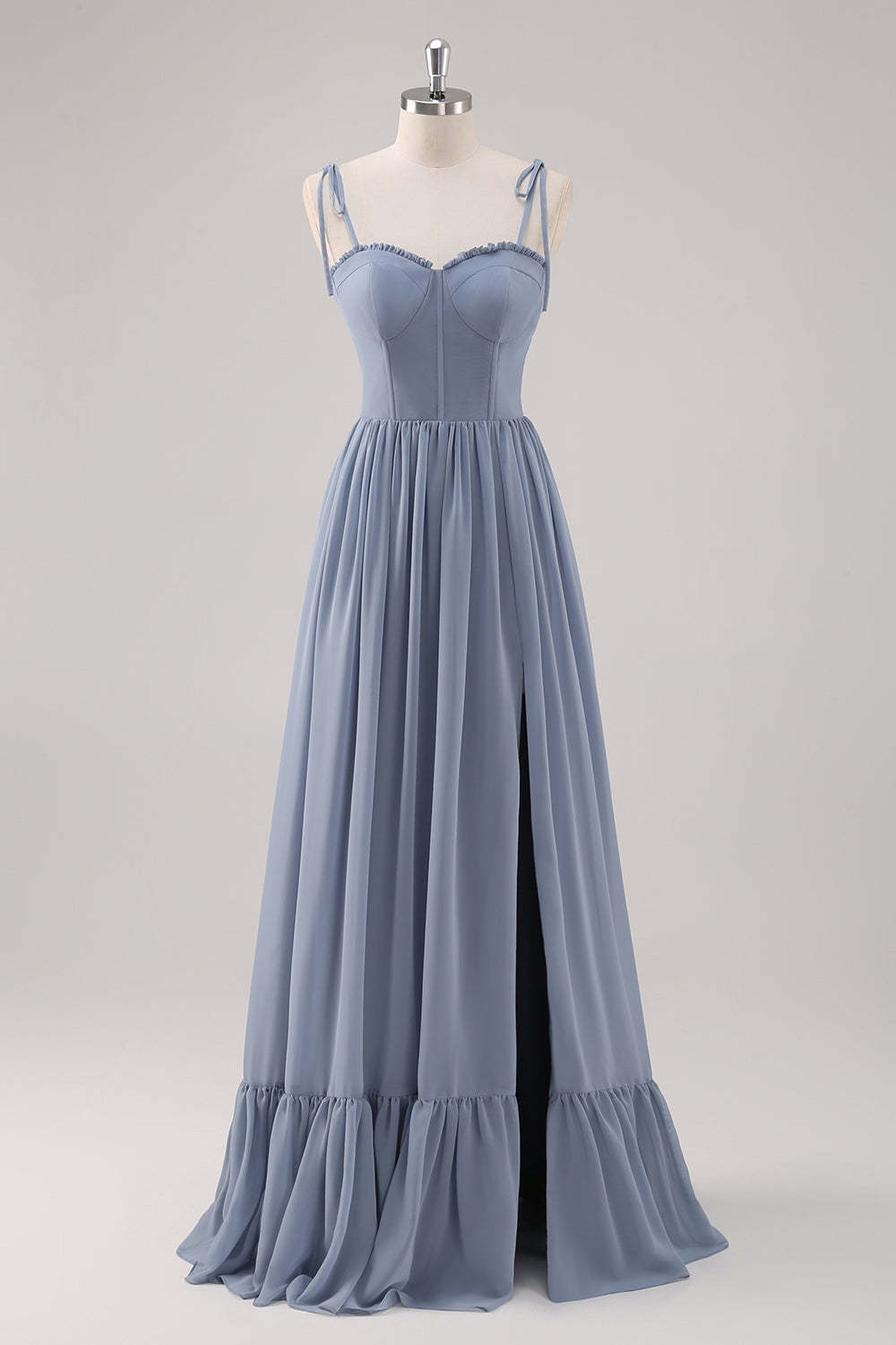 Leely Women Dusty Blue Corset A Line Bridesmaid Dress with Slit Spaghetti Straps Pleated Wedding Guest Dress with Bow
