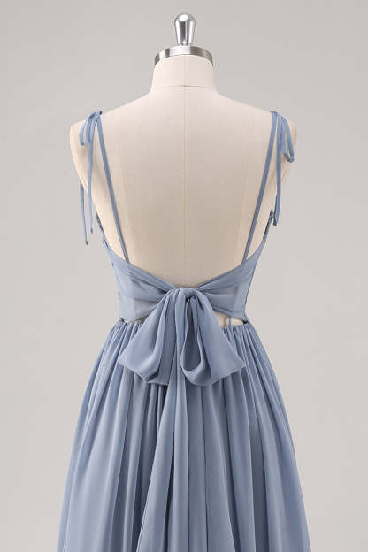 Dusty Blue Corset A Line Pleated Bridesmaid Dress with Slit