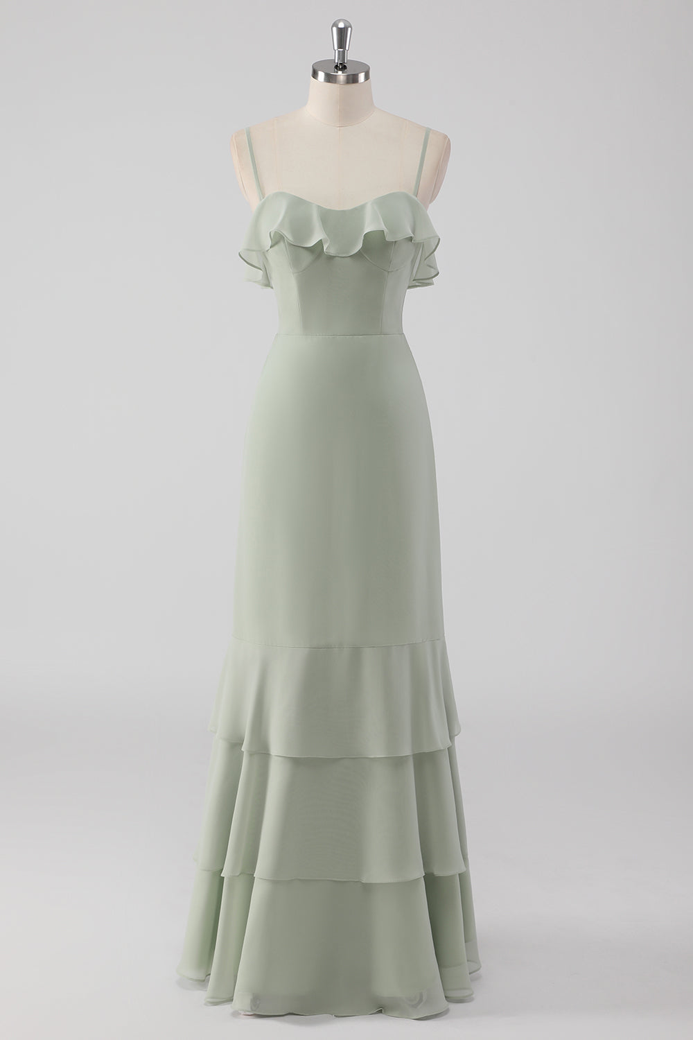 Leely Women Dusty Sage A Line Bridesmaid Dress with Ruffles Spaghetti Straps Tiered Maxi Wedding Guest Dress