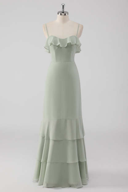Leely Women Dusty Sage A Line Bridesmaid Dress with Ruffles Spaghetti Straps Tiered Maxi Wedding Guest Dress