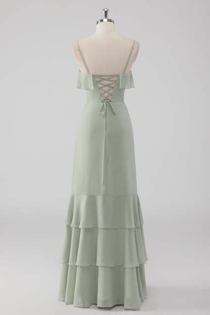 Dusty Sage Spaghetti Straps Tiered A Line Bridesmaid Dress with Ruffles