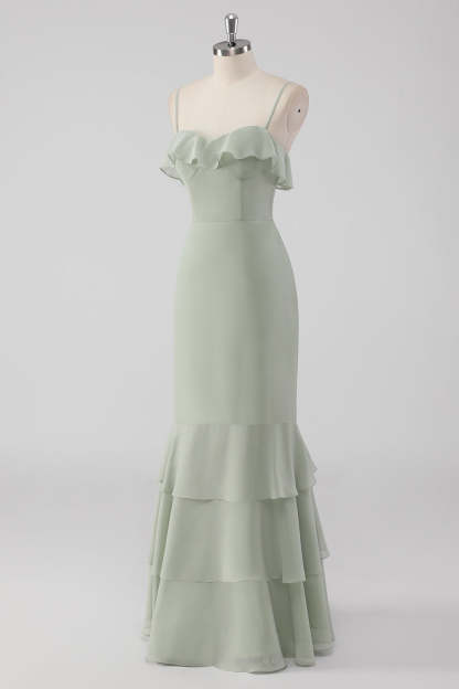 Dusty Sage Spaghetti Straps Tiered A Line Bridesmaid Dress with Ruffles