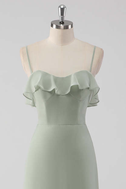 Dusty Sage Spaghetti Straps Tiered A Line Bridesmaid Dress with Ruffles