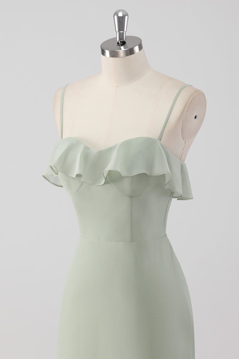 Dusty Sage Spaghetti Straps Tiered A Line Bridesmaid Dress with Ruffles