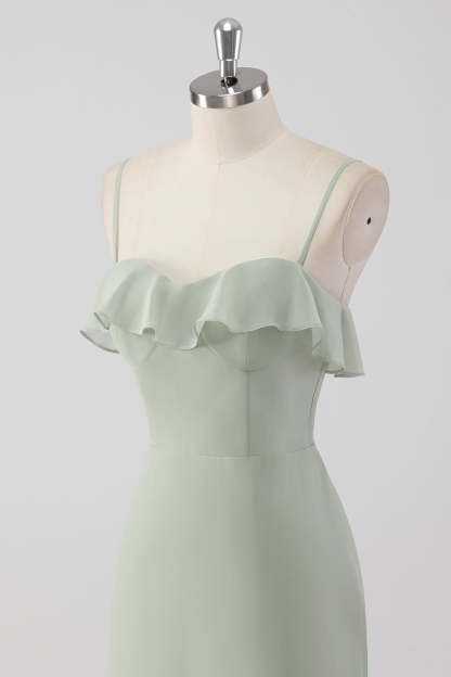 Dusty Sage Spaghetti Straps Tiered A Line Bridesmaid Dress with Ruffles