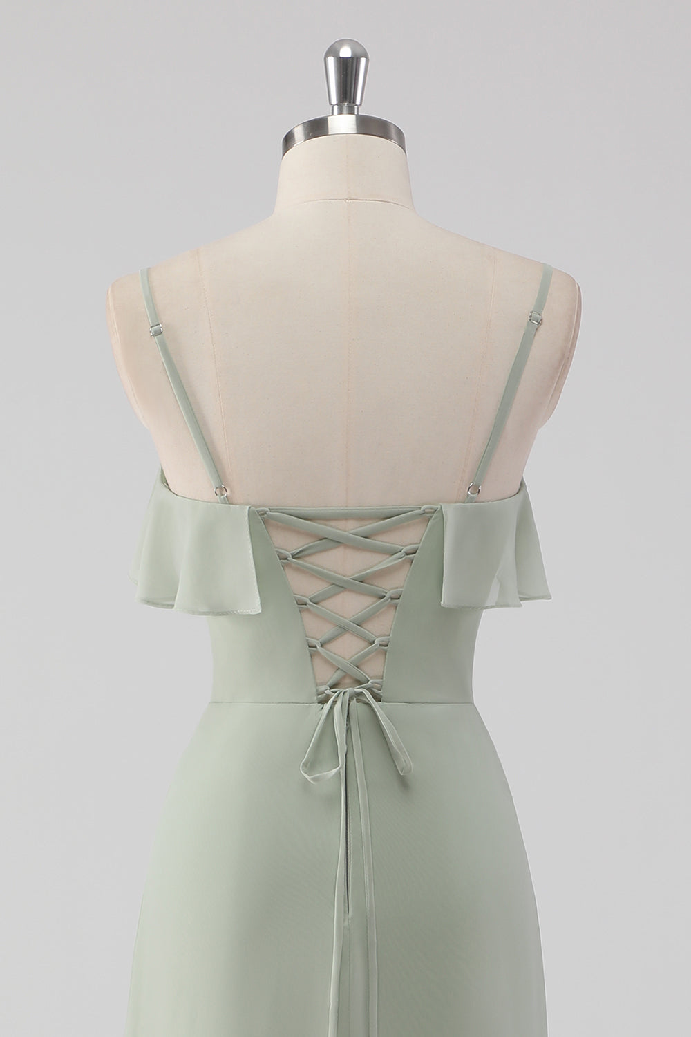 Dusty Sage Spaghetti Straps Tiered A Line Bridesmaid Dress with Ruffles