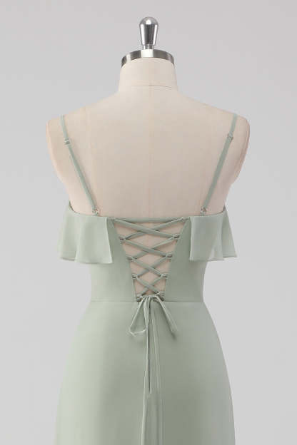 Dusty Sage Spaghetti Straps Tiered A Line Bridesmaid Dress with Ruffles