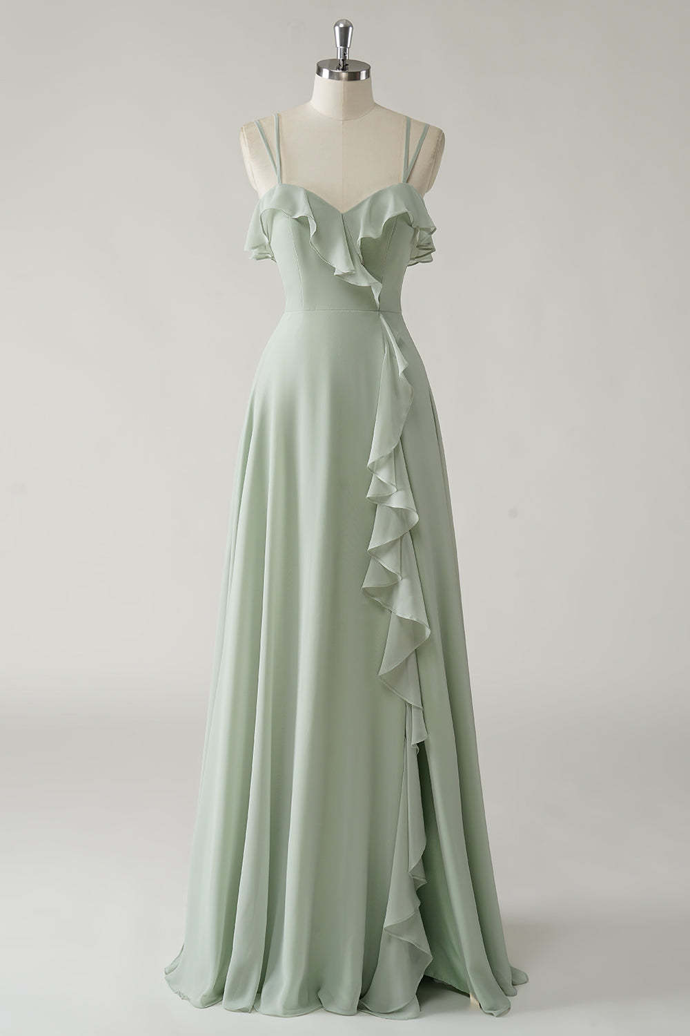 Leely Women Dusty Sage Ruffled Chiffon Bridesmaid Dress with Slit Spaghetti Straps A-Line Wedding Guest Dress with Lace Up Back