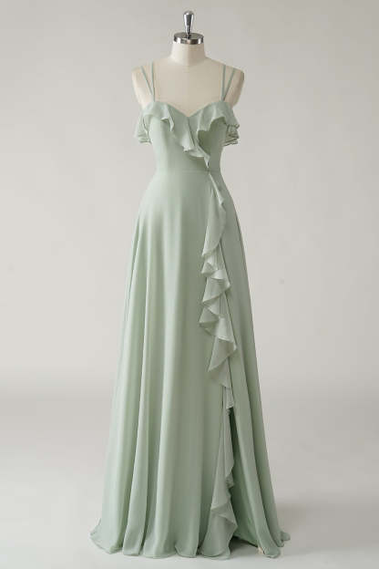 Leely Women Dusty Sage Ruffled Chiffon Bridesmaid Dress with Slit Spaghetti Straps A-Line Wedding Guest Dress with Lace Up Back