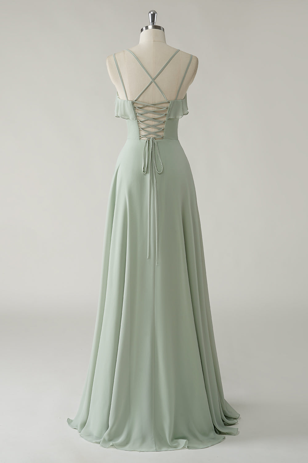 Dusty Sage Ruffled Chiffon A-Line Bridesmaid Dress with Slit