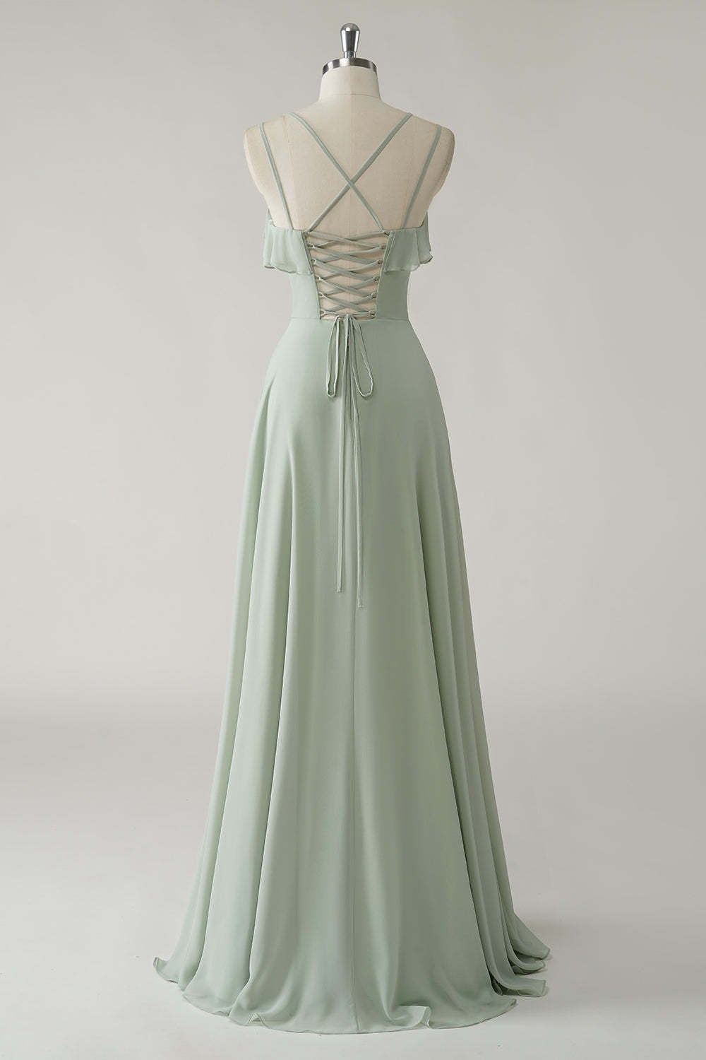 Dusty Sage Ruffled Chiffon A-Line Bridesmaid Dress with Slit