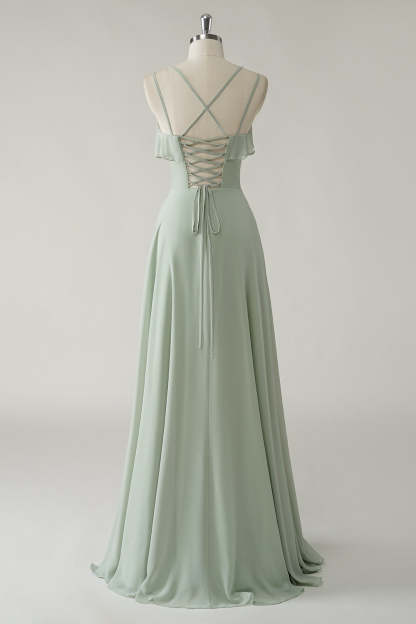 Dusty Sage Ruffled Chiffon A-Line Bridesmaid Dress with Slit