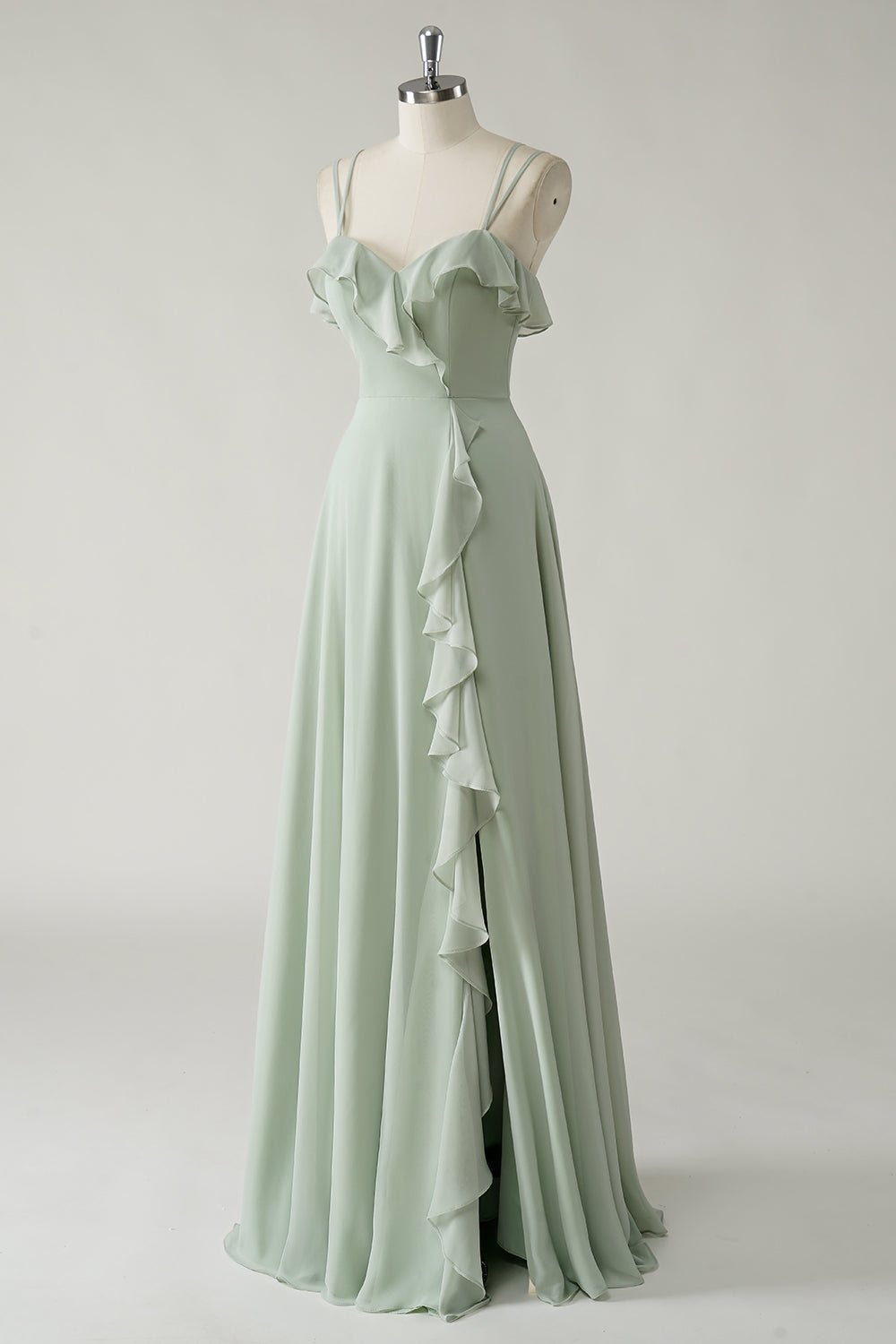 Dusty Sage Ruffled Chiffon A-Line Bridesmaid Dress with Slit