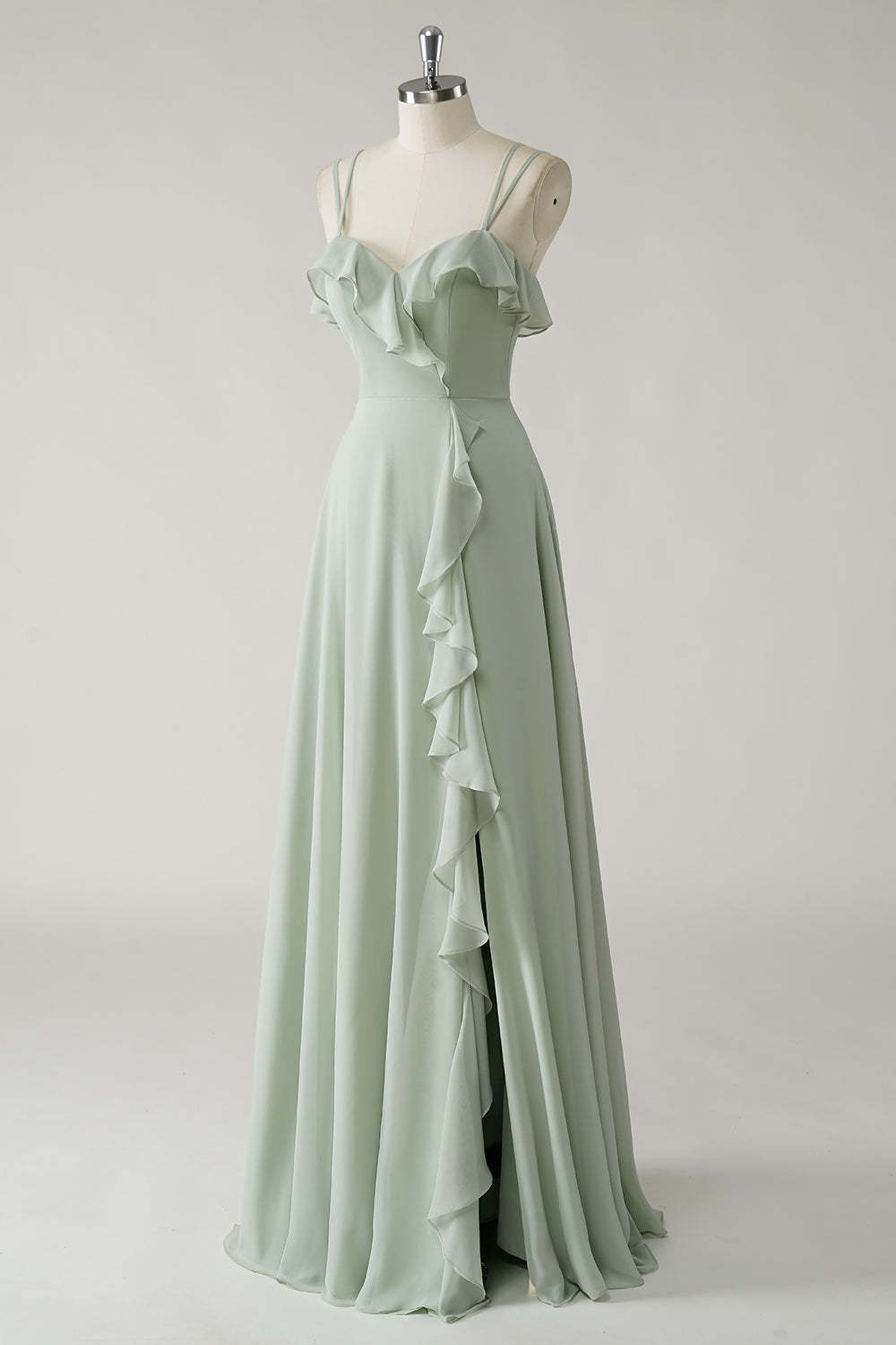 Dusty Sage Ruffled Chiffon A-Line Bridesmaid Dress with Slit