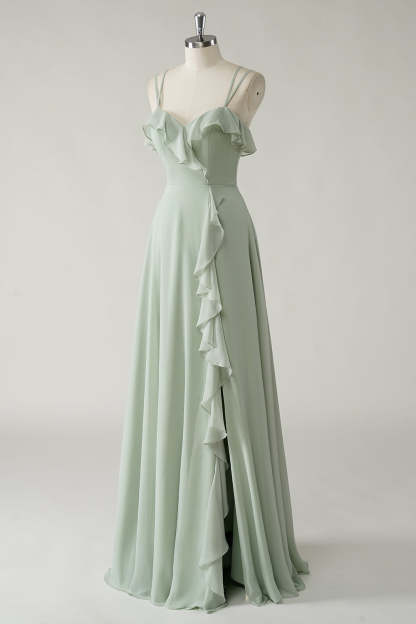 Dusty Sage Ruffled Chiffon A-Line Bridesmaid Dress with Slit