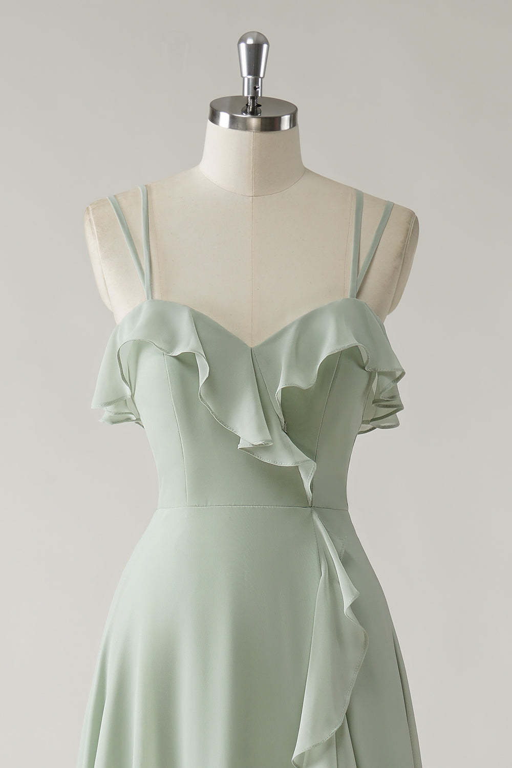 Dusty Sage Ruffled Chiffon A-Line Bridesmaid Dress with Slit