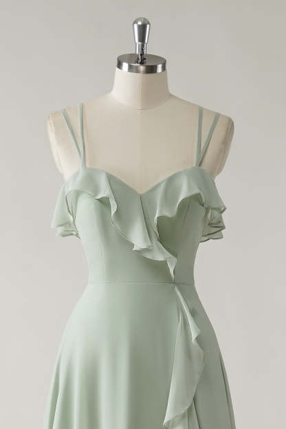 Dusty Sage Ruffled Chiffon A-Line Bridesmaid Dress with Slit