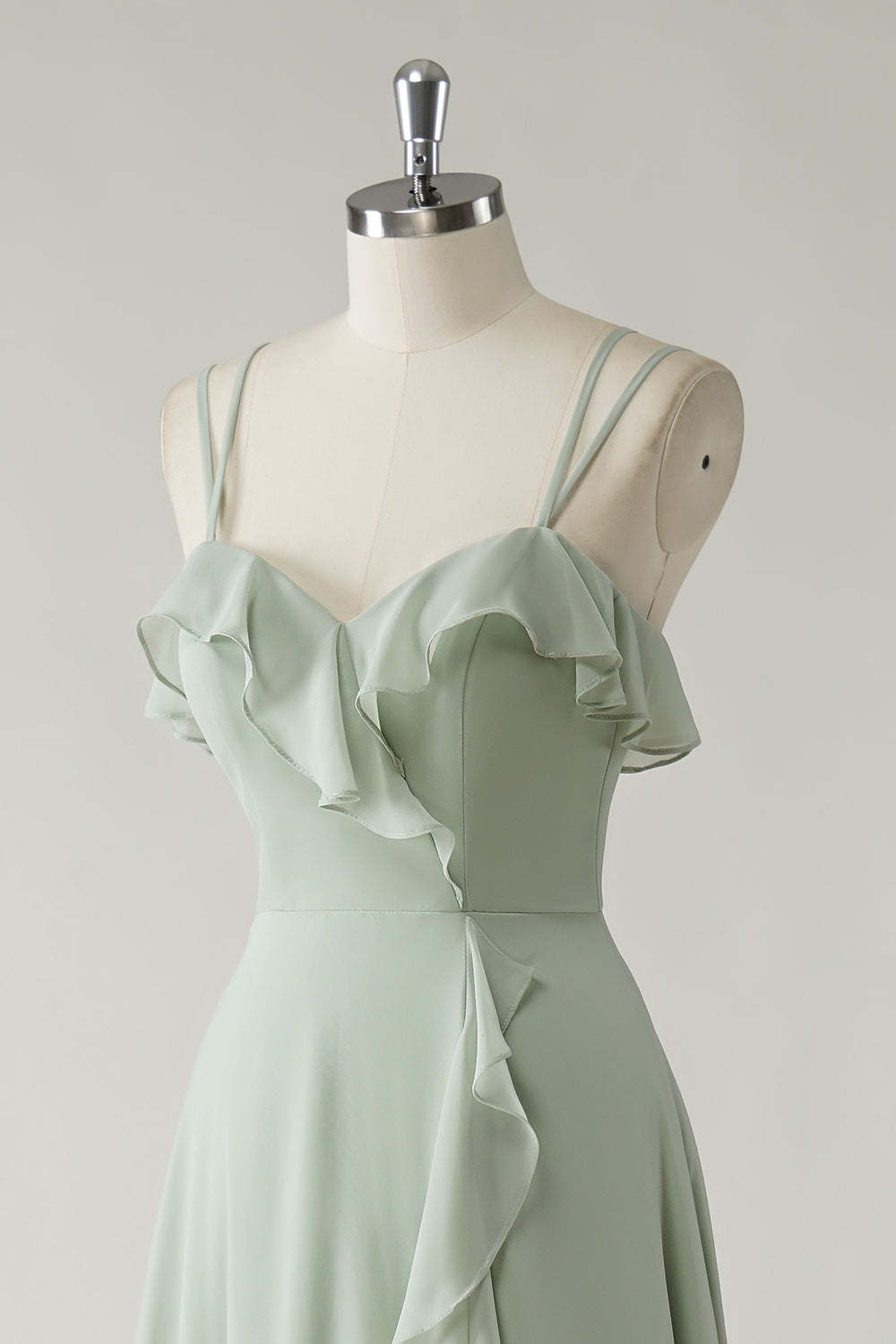 Dusty Sage Ruffled Chiffon A-Line Bridesmaid Dress with Slit