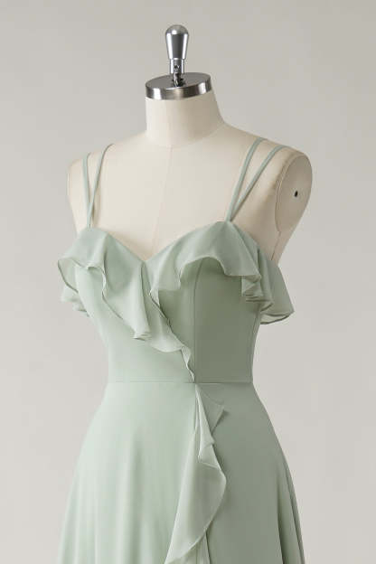 Dusty Sage Ruffled Chiffon A-Line Bridesmaid Dress with Slit