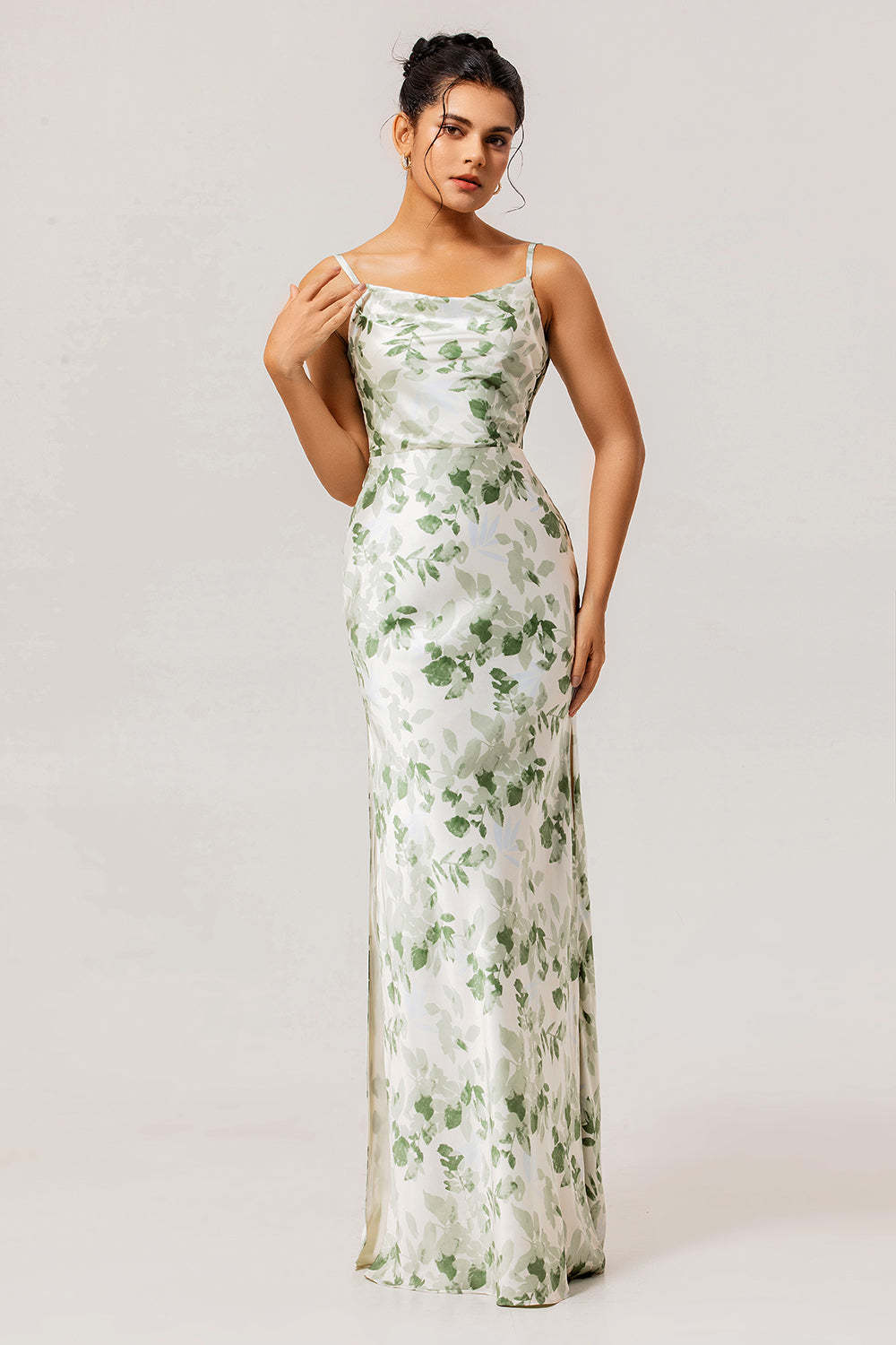 Leely Women Green Floral Mermaid Maxi Bridesmaid Dress Spaghetti Straps Summer Wedding Guest Dress with Slit