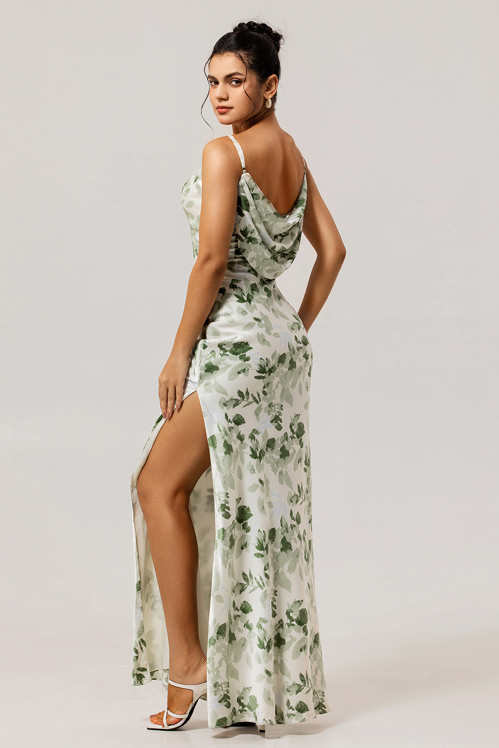 Sheath Cowl Neck Green Floral Bridesmaid Dress