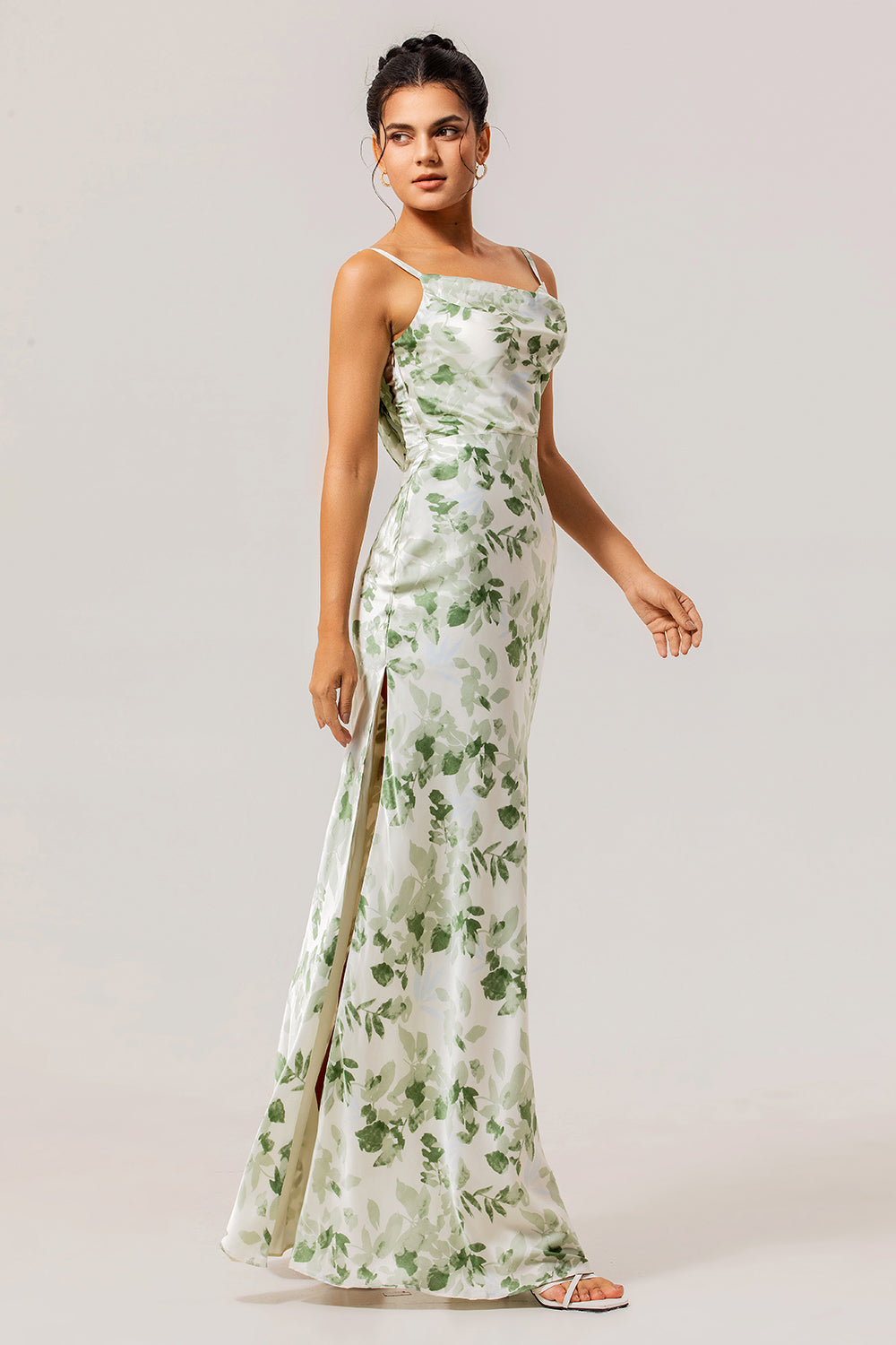 Green White Spaghetti Straps Mermaid Maxi Bridesmaid Dress with Slit