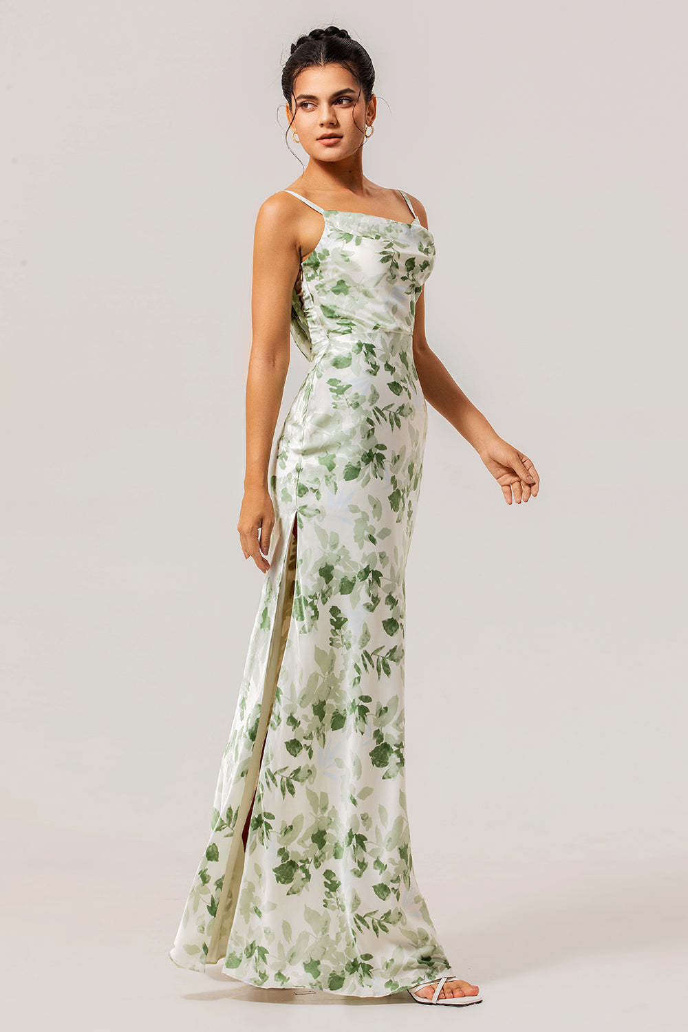Green White Spaghetti Straps Mermaid Maxi Bridesmaid Dress with Slit