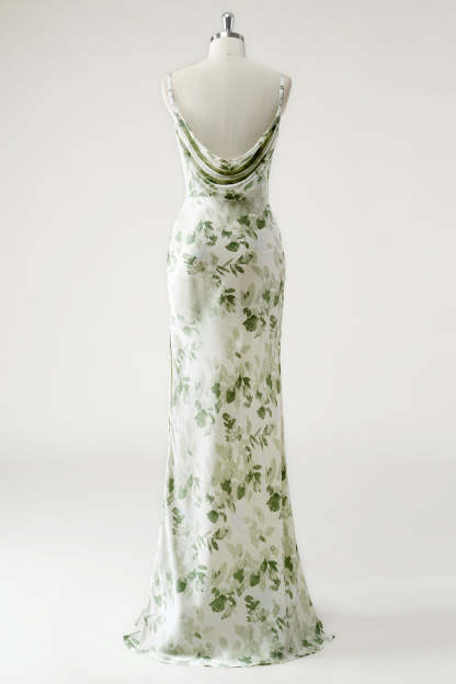 Sheath Cowl Neck Green Floral Bridesmaid Dress