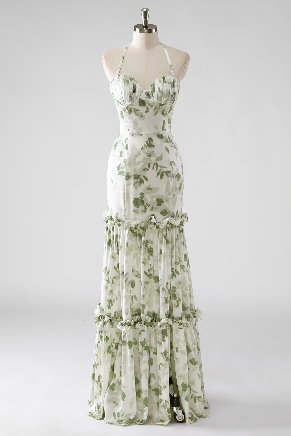 Leely Women Halter Corset Green Floral Bridesmaid Dress with Slit Tiered Lace Up Back Maxi Wedding Guest Dress