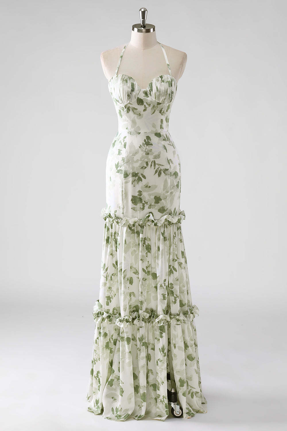 Leely Women Halter Corset Green Floral Bridesmaid Dress with Slit Tiered Lace Up Back Maxi Wedding Guest Dress