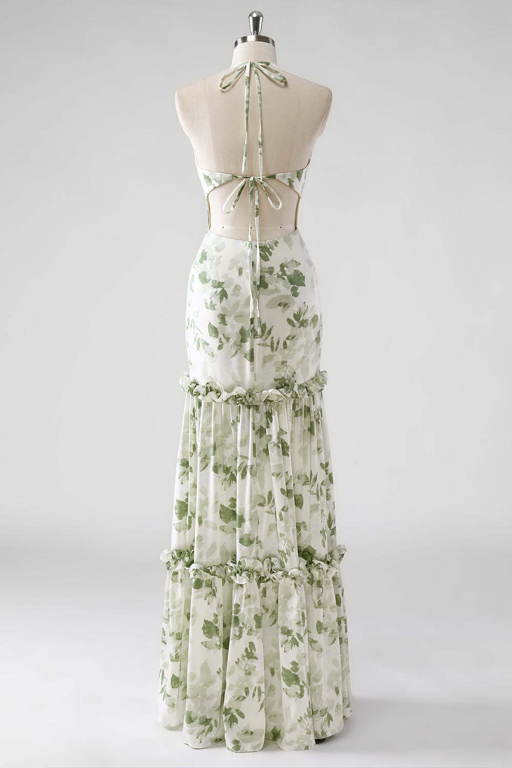 Halter Corset Green Floral Tiered Bridesmaid Dress with Slit