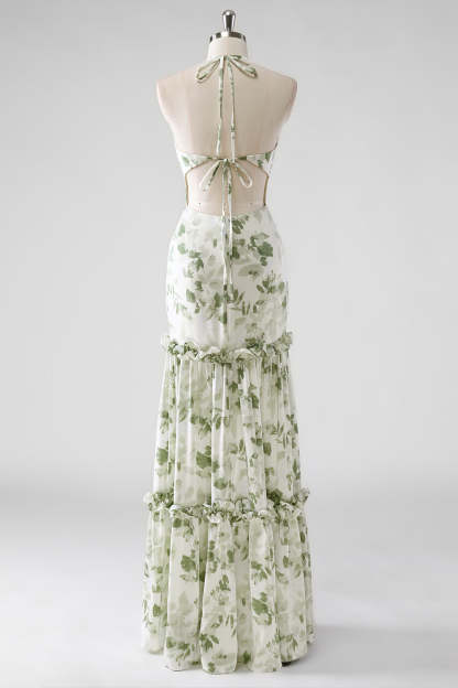 Halter Corset Green Floral Tiered Bridesmaid Dress with Slit