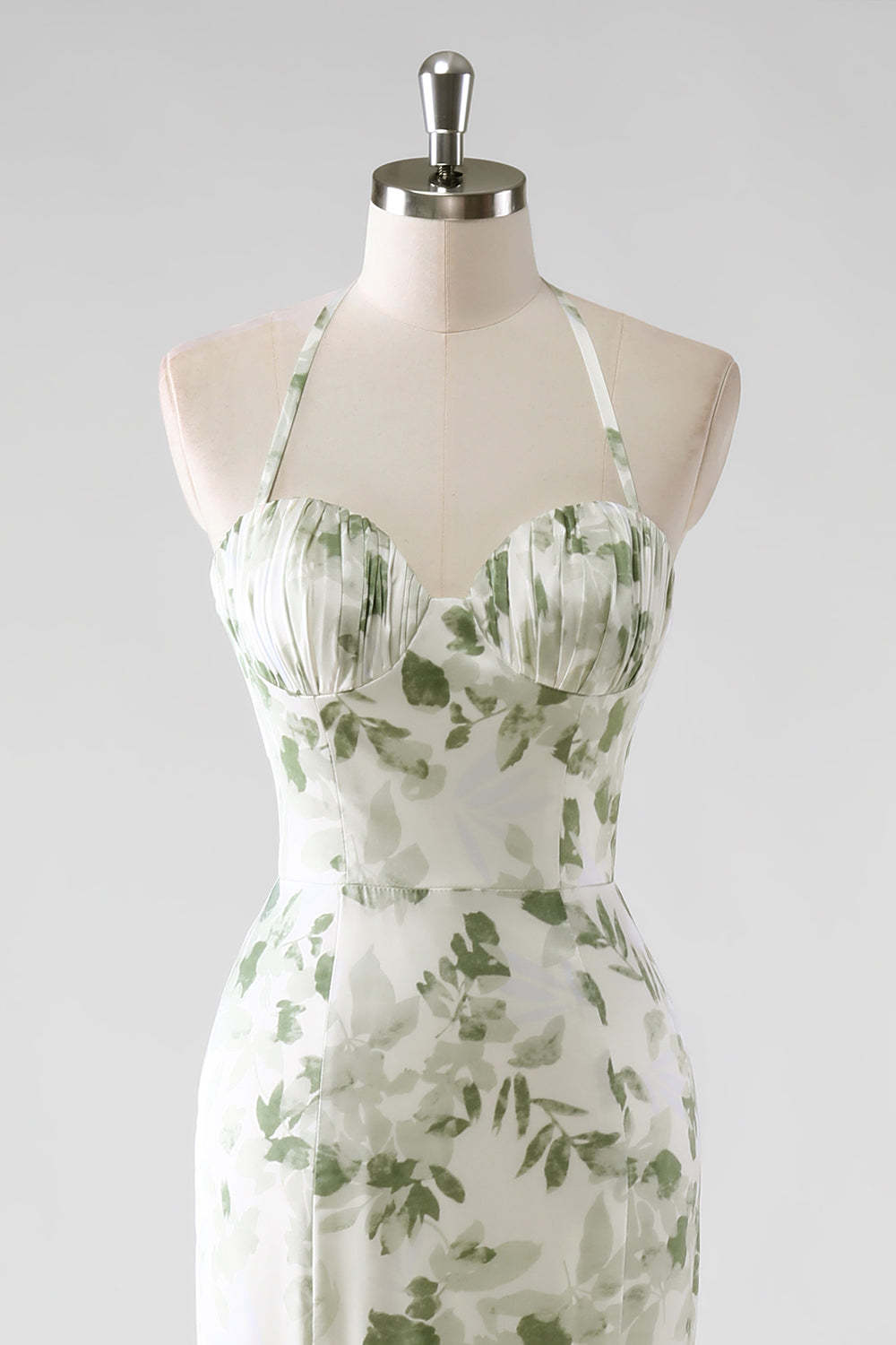 Halter Corset Green Floral Tiered Bridesmaid Dress with Slit