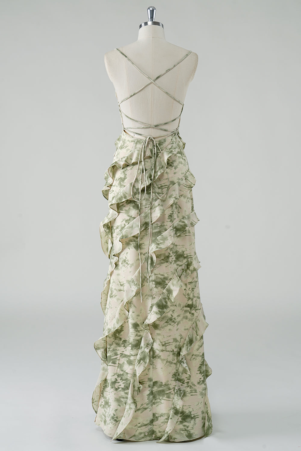 Spaghetti Straps Sage Floral Sheath Ruffled Bridesmaid Dress