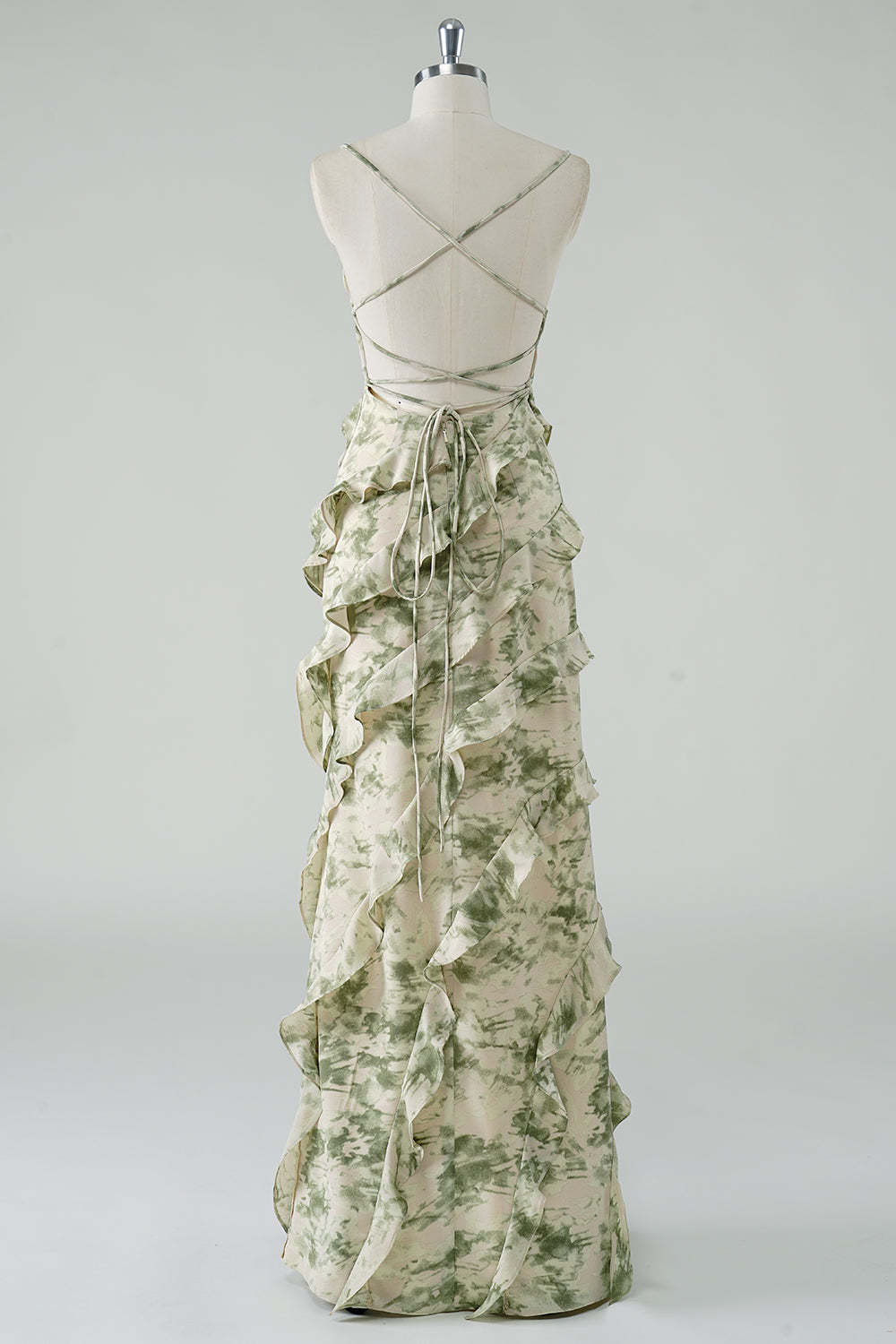 Spaghetti Straps Sage Floral Sheath Ruffled Bridesmaid Dress