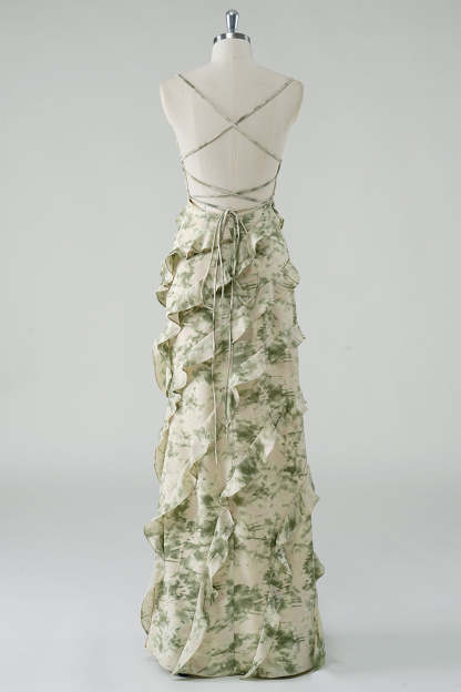 Spaghetti Straps Sage Floral Sheath Ruffled Bridesmaid Dress