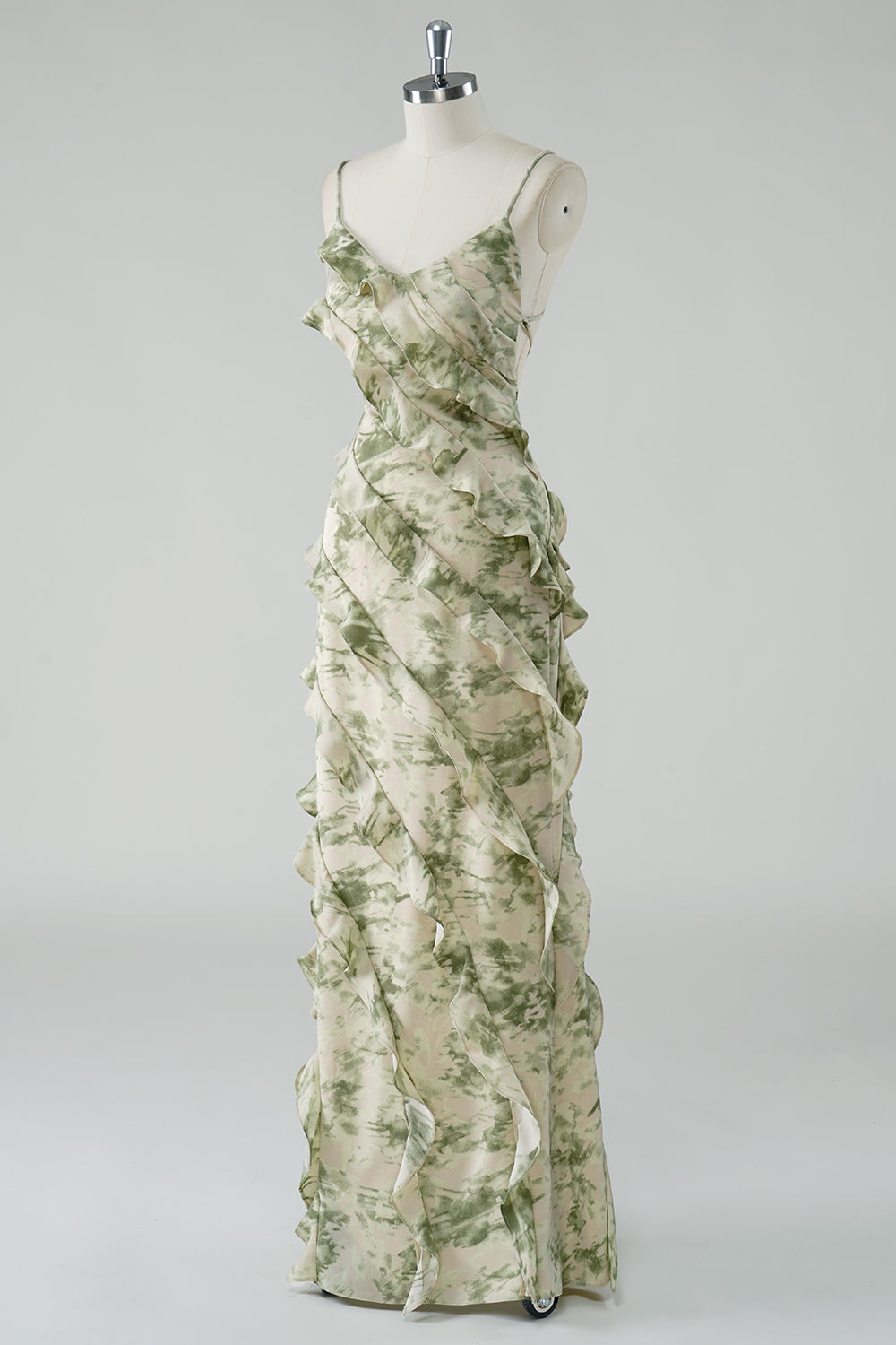 Spaghetti Straps Sage Floral Sheath Ruffled Bridesmaid Dress