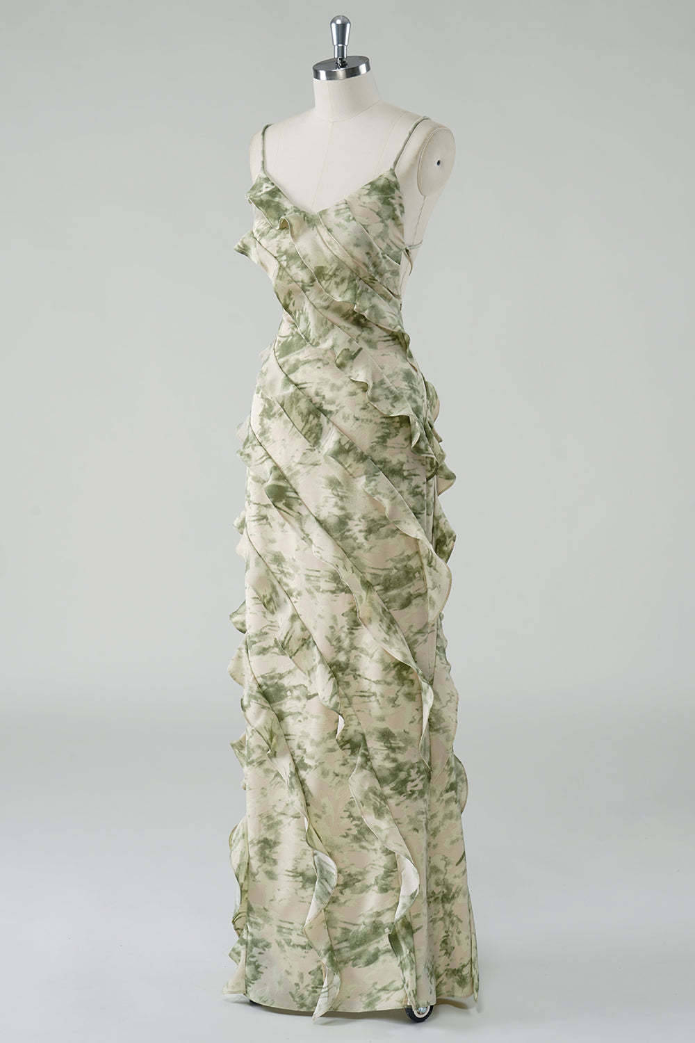 Spaghetti Straps Sage Floral Sheath Ruffled Bridesmaid Dress