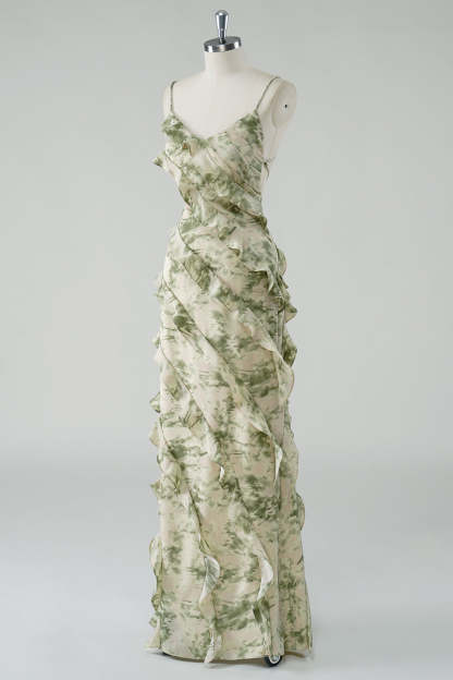 Spaghetti Straps Sage Floral Sheath Ruffled Bridesmaid Dress