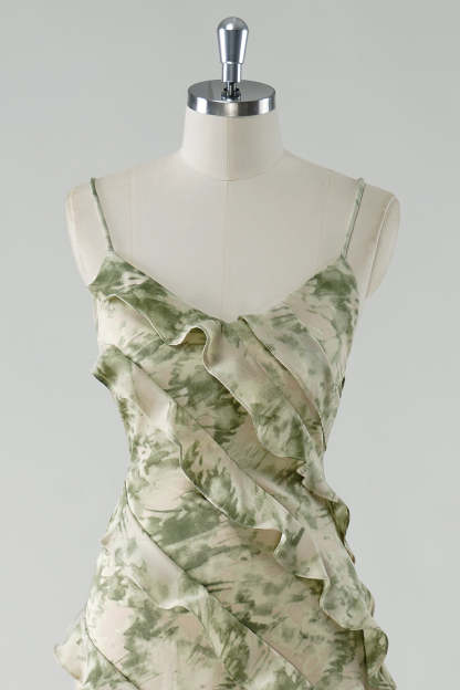 Spaghetti Straps Sage Floral Sheath Ruffled Bridesmaid Dress