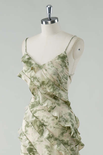 Spaghetti Straps Sage Floral Sheath Ruffled Bridesmaid Dress
