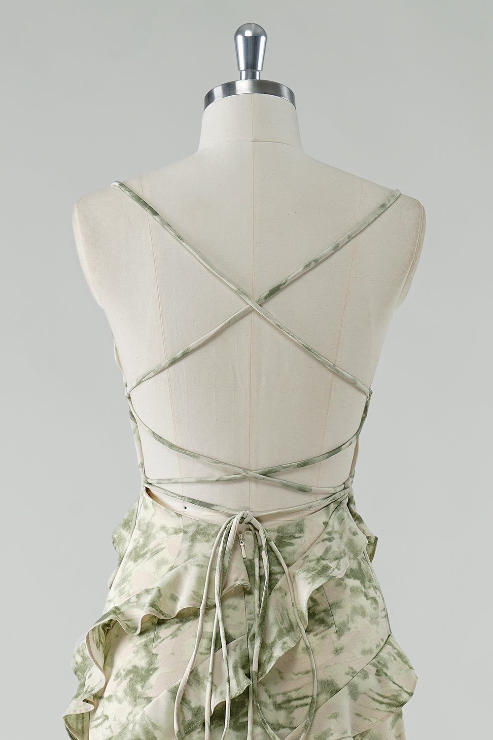 Spaghetti Straps Sage Floral Sheath Ruffled Bridesmaid Dress